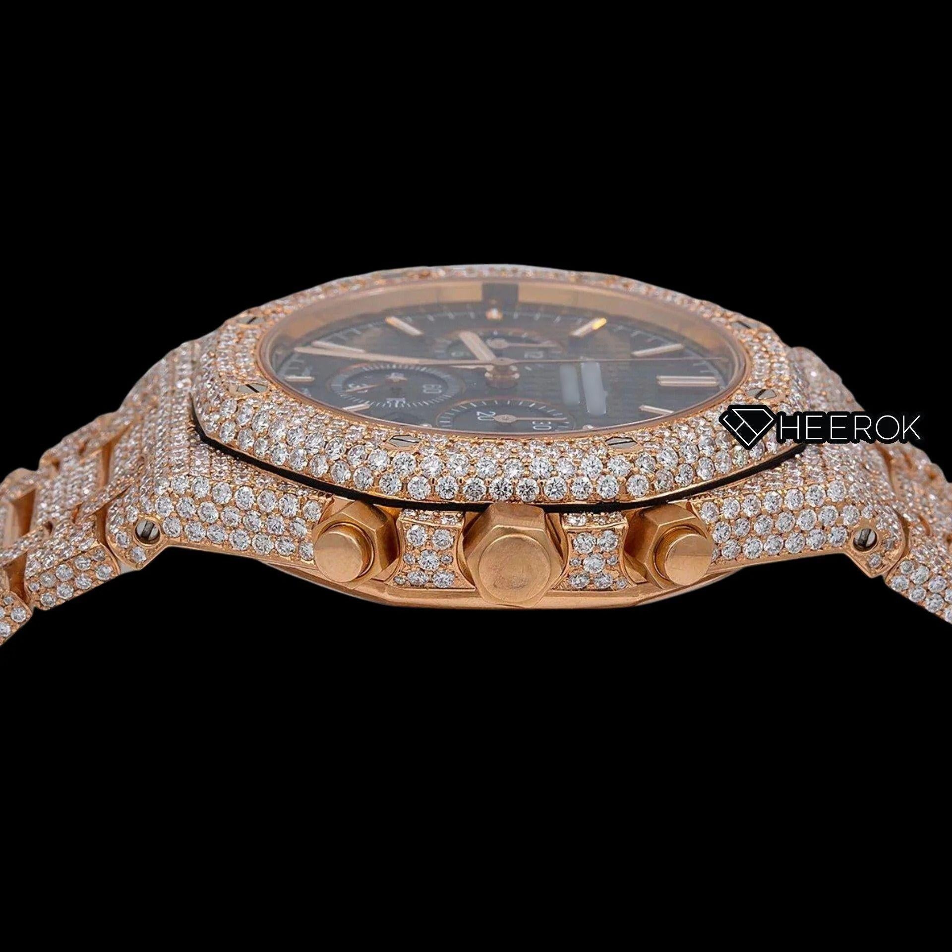 AP Royal Oak Chronograph Black Dial Stick Markers Diamond Bezel Fully Iced Out Rose Gold Moissanite Watch