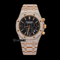 AP Royal Oak Chronograph Black Dial Stick Markers Diamond Bezel Fully Iced Out Rose Gold Moissanite Watch