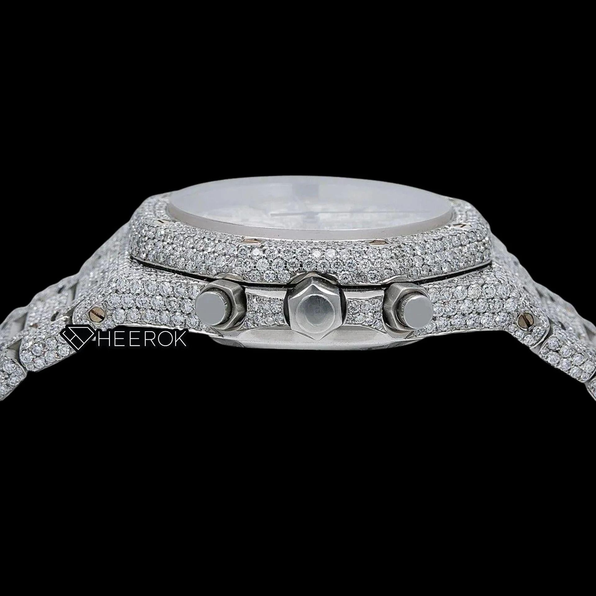 AP Royal Oak Chronograph Full Pave Diamond Dial Stick Markers Diamond Bezel Fully Iced Out Moissanite Watch