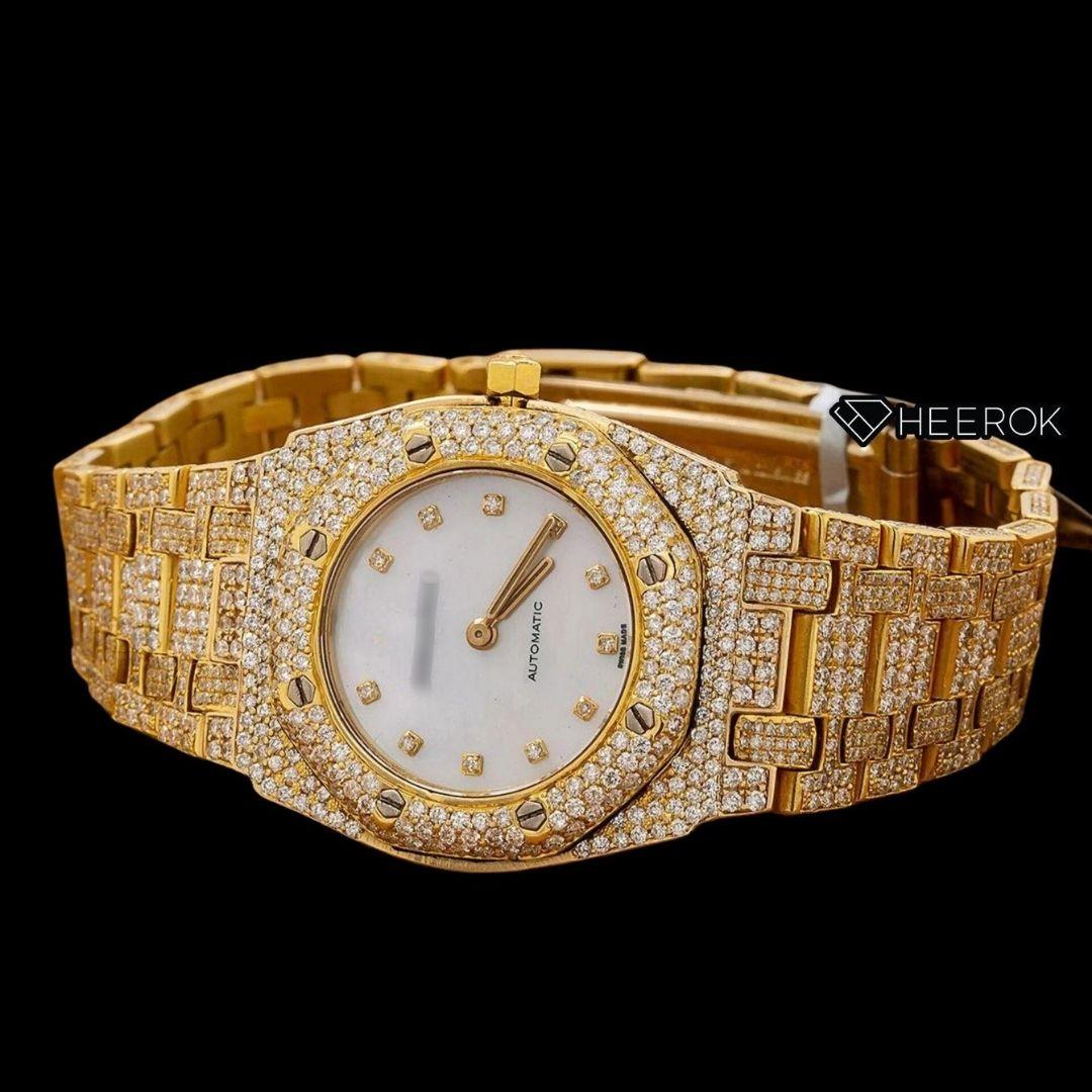 AP Royal Oak Diamond Markers White Dial Yellow Gold Diamond Bezel Fully Iced Out Yellow Gold Moissanite Watch For Women
