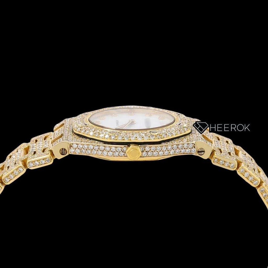 AP Royal Oak Diamond Markers White Dial Yellow Gold Diamond Bezel Fully Iced Out Yellow Gold Moissanite Watch For Women