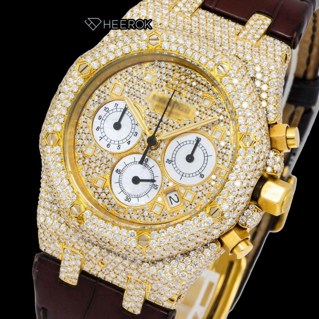 AP Royal Oak Full Pave Chronograph Diamond Dial Square Shape Markers Yellow Gold Semi Iced Out Brown Leather Strap Moissanite Watch