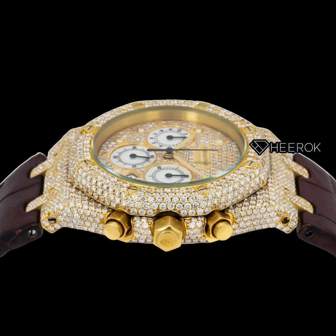 AP Royal Oak Full Pave Chronograph Diamond Dial Square Shape Markers Yellow Gold Semi Iced Out Brown Leather Strap Moissanite Watch