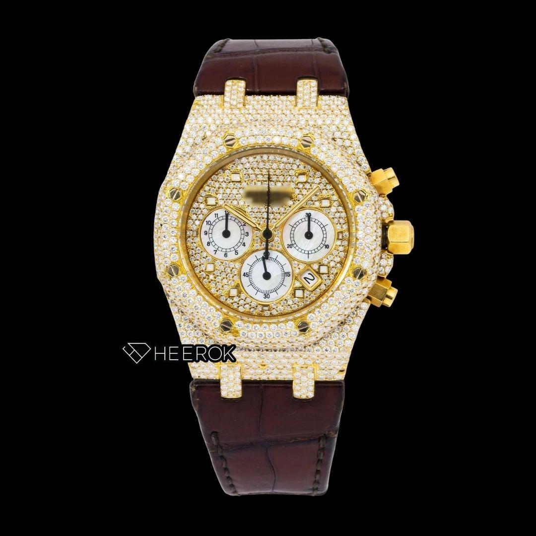 AP Royal Oak Full Pave Chronograph Diamond Dial Square Shape Markers Yellow Gold Semi Iced Out Brown Leather Strap Moissanite Watch