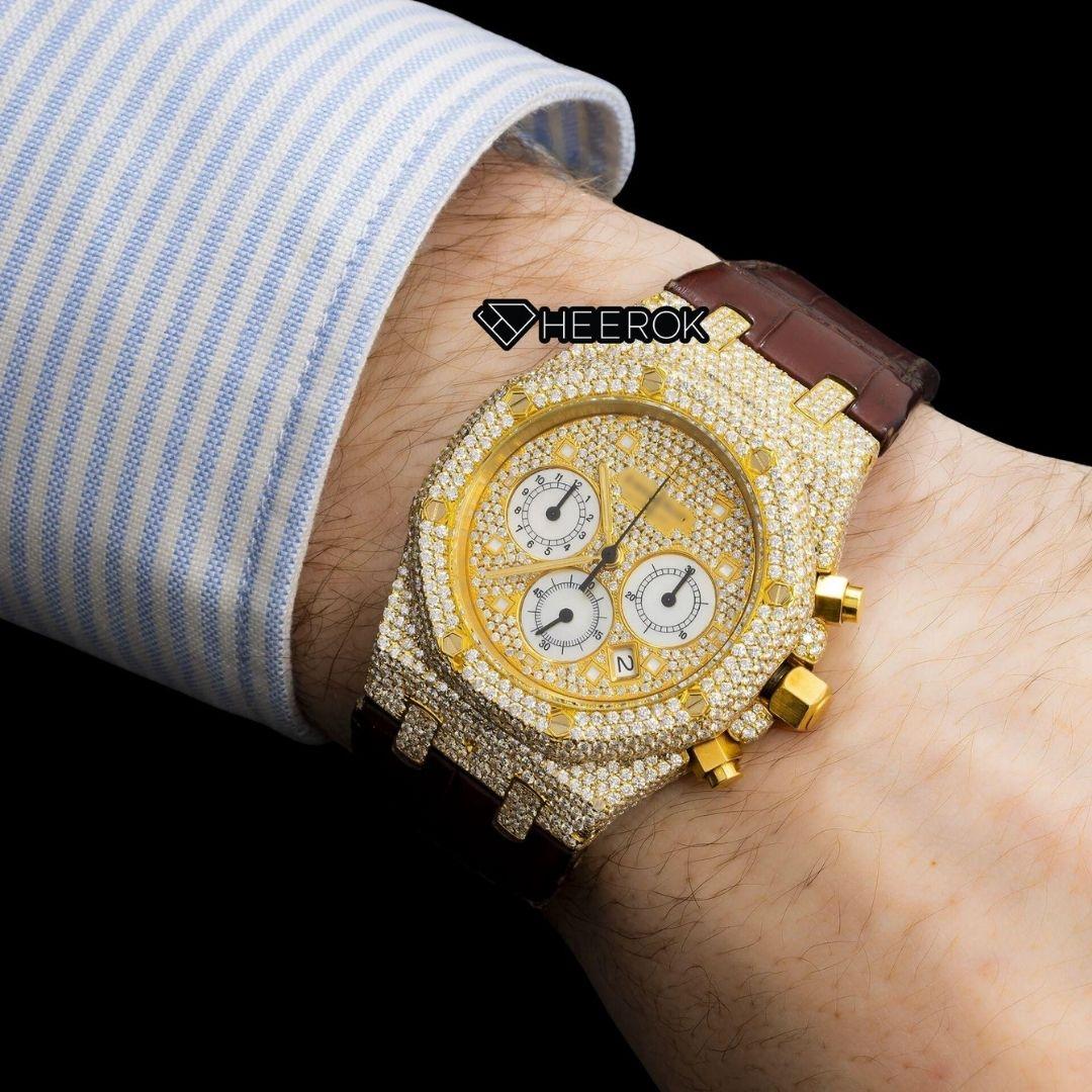 AP Royal Oak Full Pave Chronograph Diamond Dial Square Shape Markers Yellow Gold Semi Iced Out Brown Leather Strap Moissanite Watch