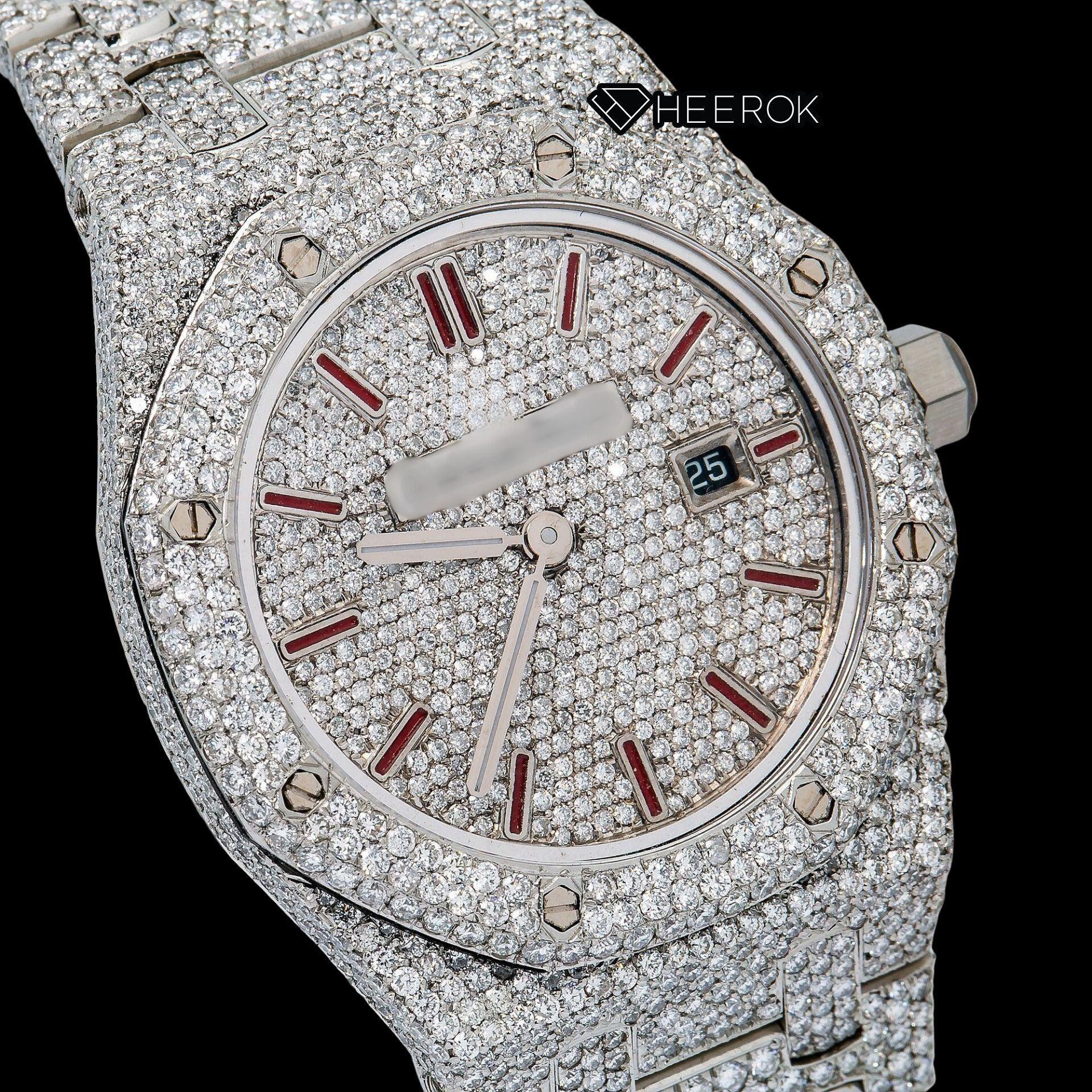 AP Royal Oak Full Pave Dial Red Stick Markers Diamond Bezel Full Iced Out Moissanite Diamond Watch For Women