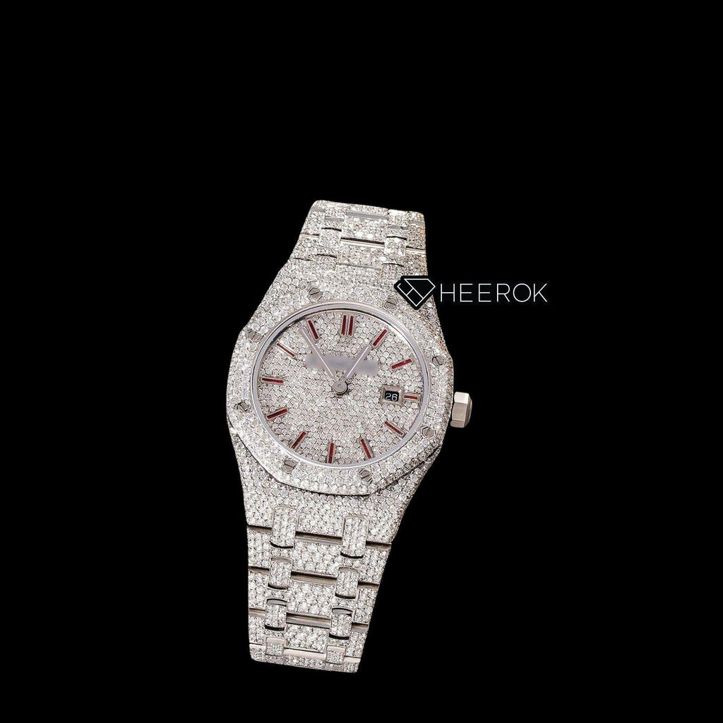 AP Royal Oak Full Pave Dial Red Stick Markers Diamond Bezel Full Iced Out Moissanite Diamond Watch For Women