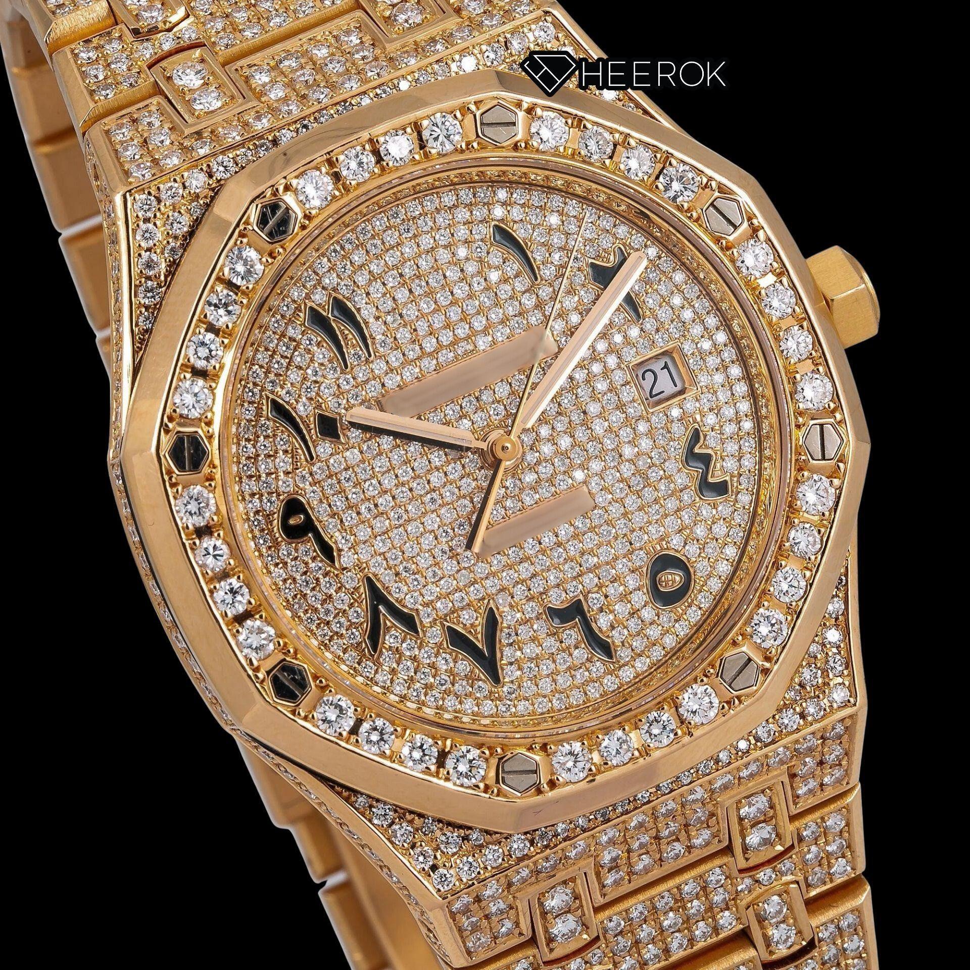 AP Royal Oak Full Pave Diamond Dial Black Arabic Numerals Large Round Diamond Bezel Fully Iced Yellow Gold Moissanite Watch