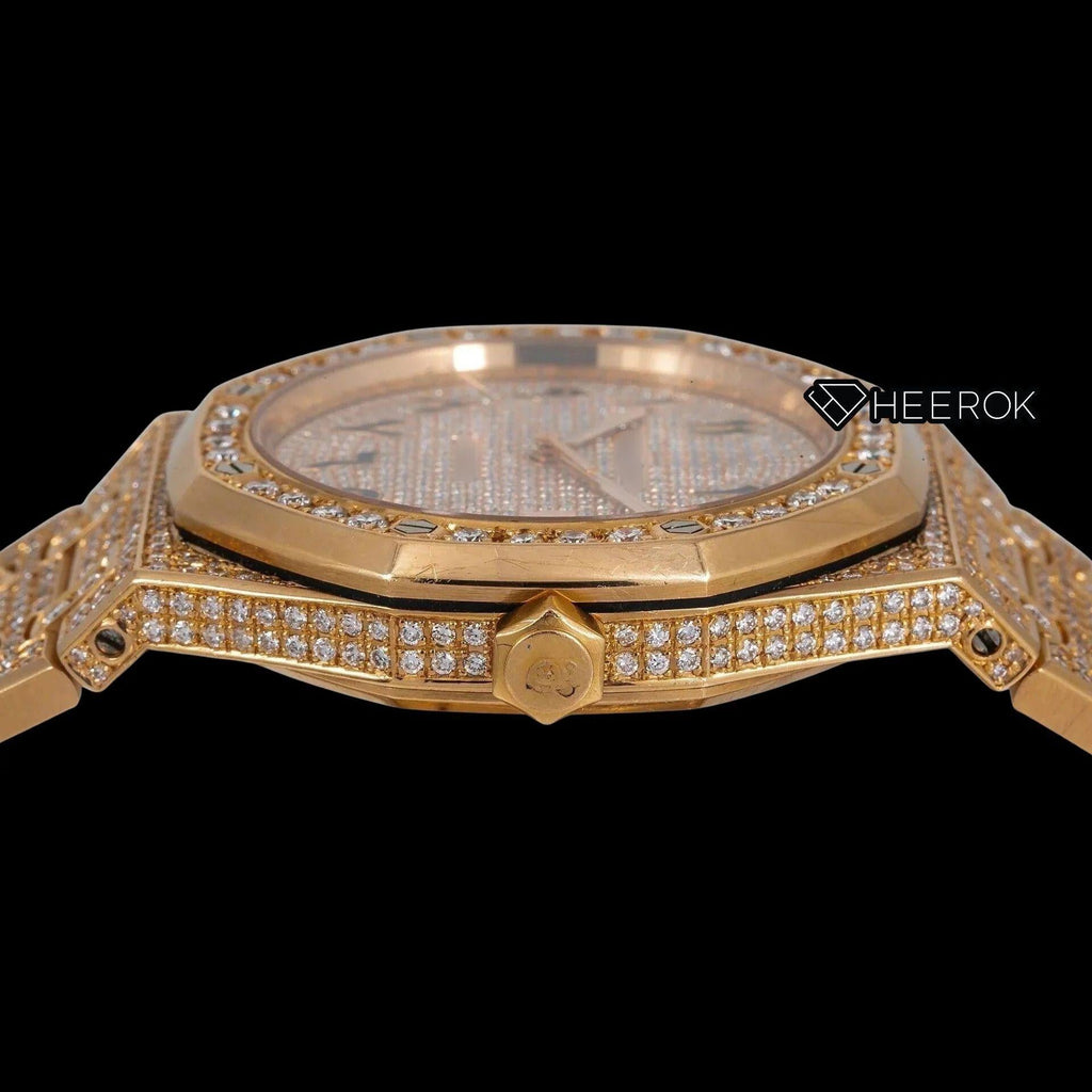 AP Royal Oak Full Pave Diamond Dial Black Arabic Numerals Large Round Diamond Bezel Fully Iced Yellow Gold Moissanite Watch