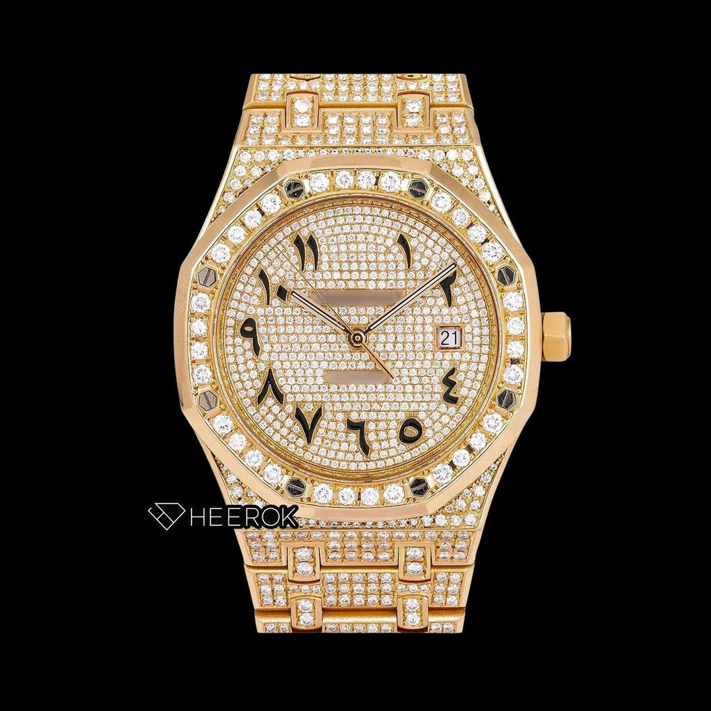 AP Royal Oak Full Pave Diamond Dial Black Arabic Numerals Large Round Diamond Bezel Fully Iced Yellow Gold Moissanite Watch