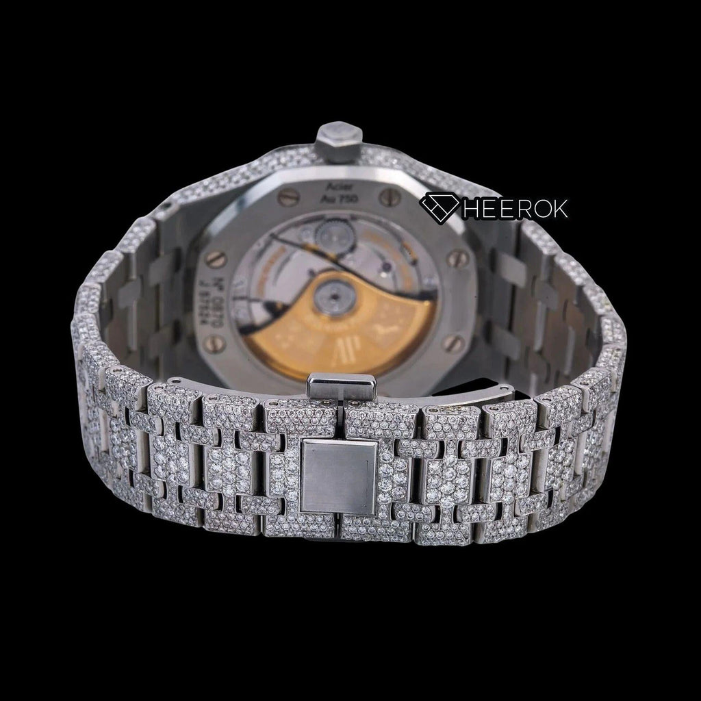 AP Royal Oak Full Pave Diamond Dial Black Stick Markers Diamond Bezel Fully Iced Out Moissanite Watch