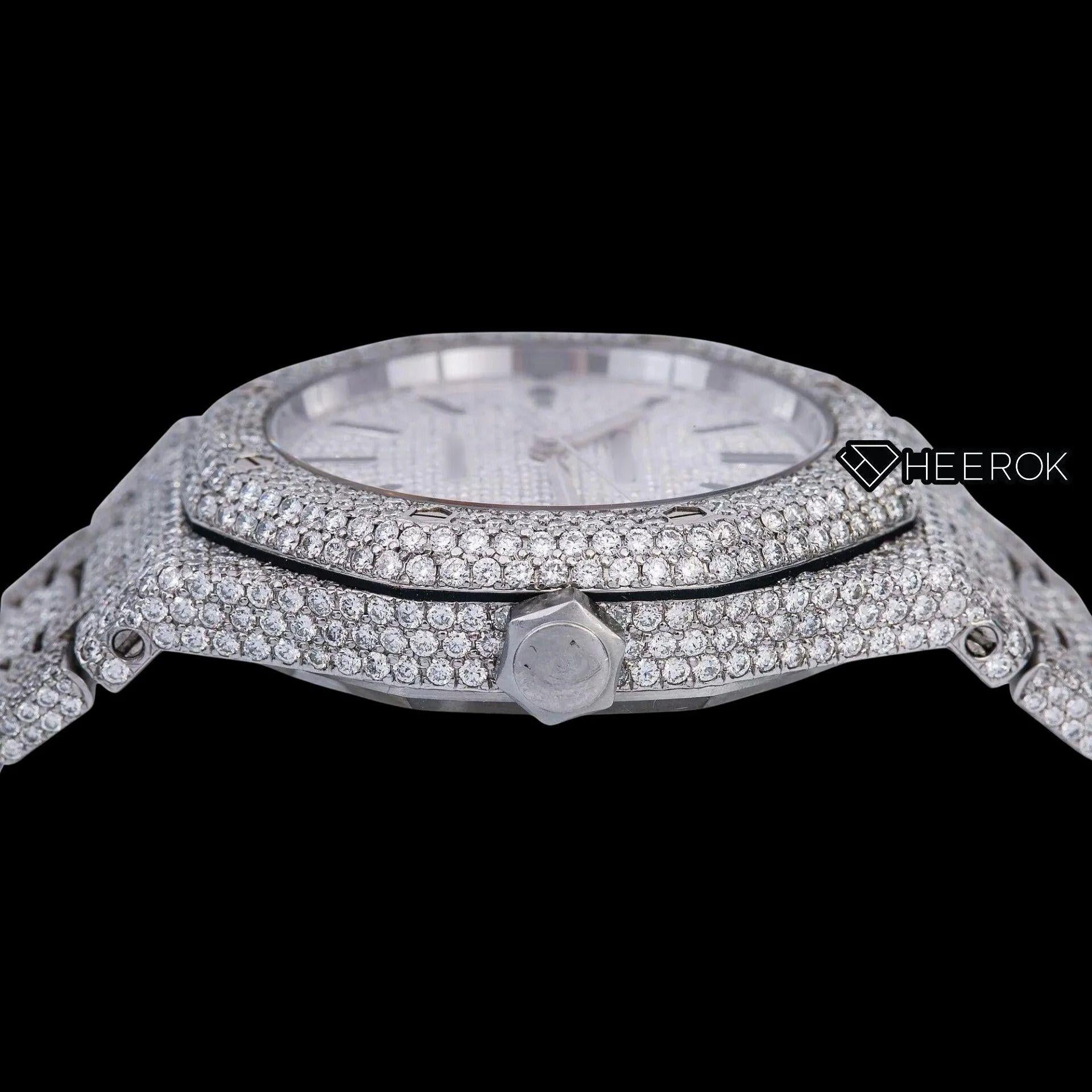 AP Royal Oak Full Pave Diamond Dial Black Stick Markers Diamond Bezel Fully Iced Out Moissanite Watch