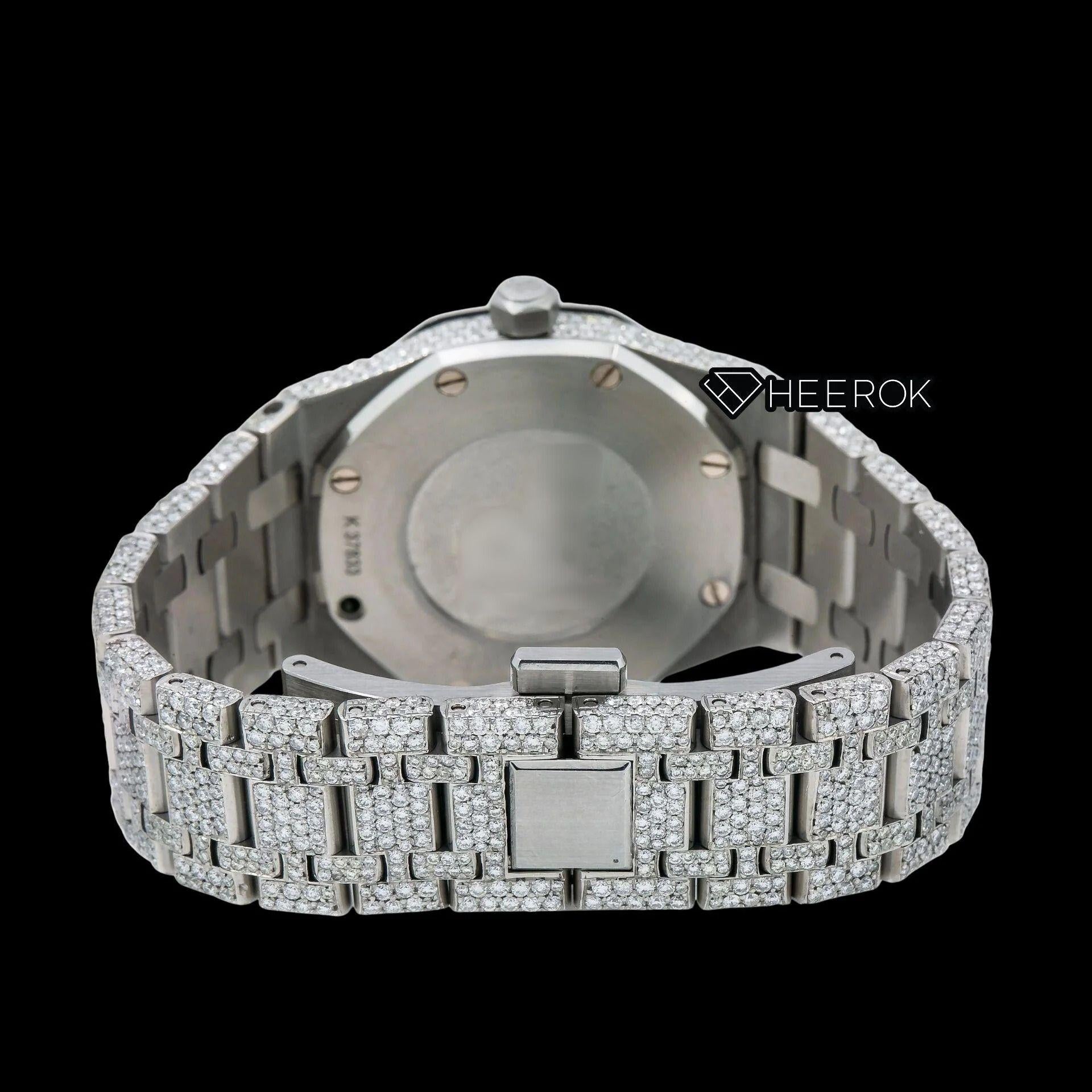 AP Royal Oak Full Pave Diamond Dial Black Stick Markers Diamond Bezel Fully Iced Out Moissanite Watch For Women