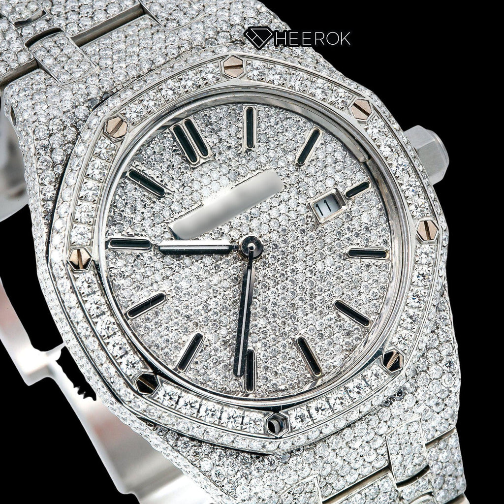 AP Royal Oak Full Pave Diamond Dial Black Stick Markers Diamond Bezel Fully Iced Out Moissanite Watch For Women