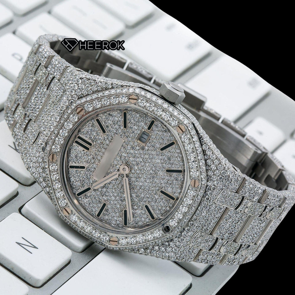 AP Royal Oak Full Pave Diamond Dial Black Stick Markers Diamond Bezel Fully Iced Out Moissanite Watch For Women