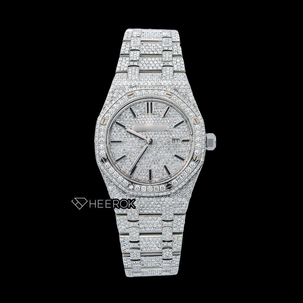 AP Royal Oak Full Pave Diamond Dial Black Stick Markers Diamond Bezel Fully Iced Out Moissanite Watch For Women