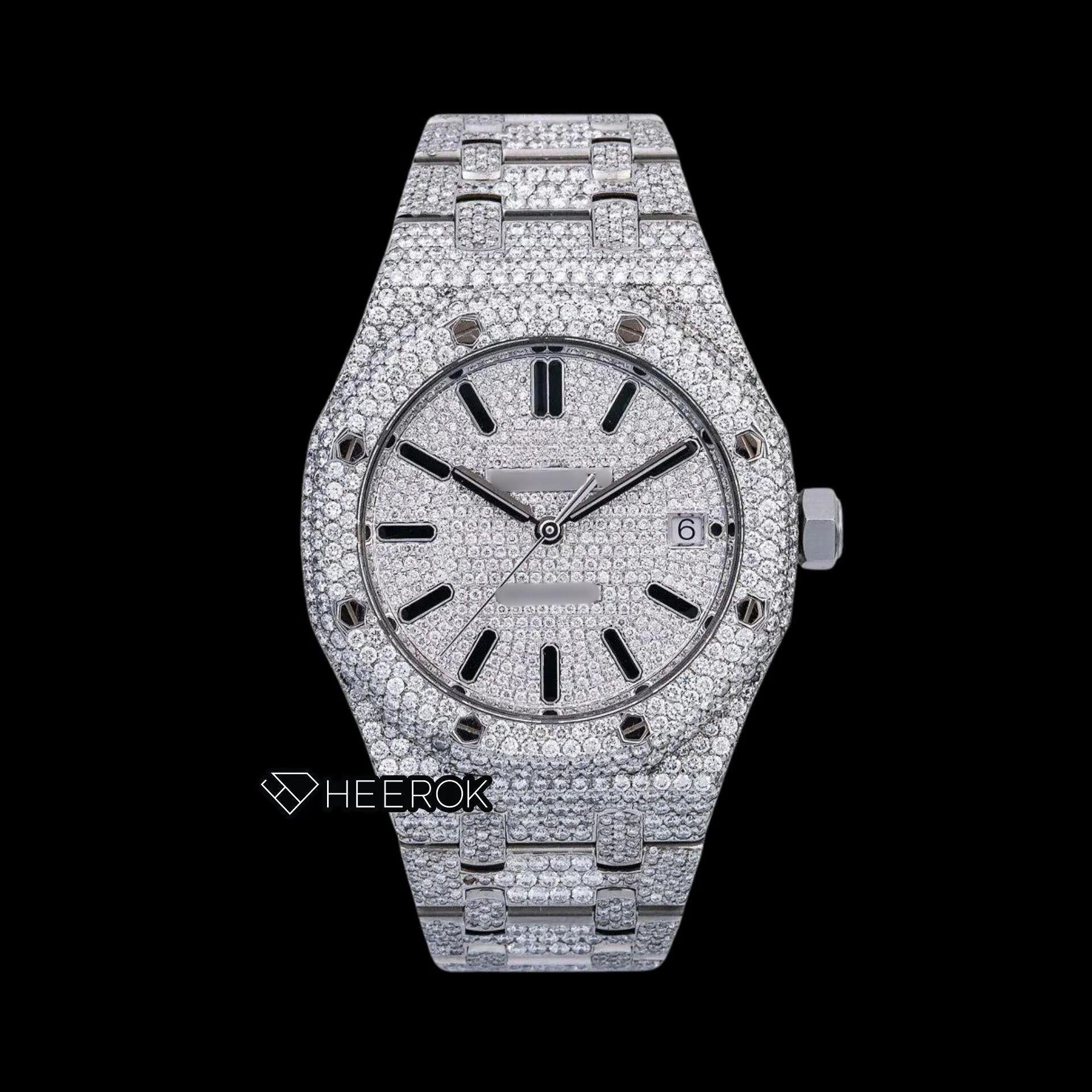 AP Royal Oak Full Pave Diamond Dial Black Stick Markers Diamond Bezel Fully Iced Out Moissanite Watch