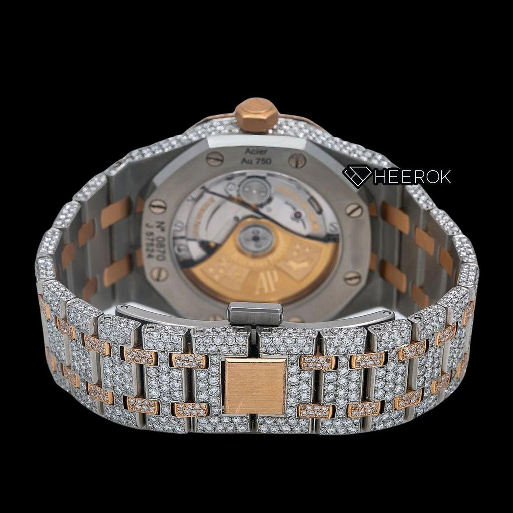 AP Royal Oak Full Pave Diamond Dial Black Stick Markers Rose Gold Diamond Bezel Two Tone Fully Iced Out Moissanite Watch For Women