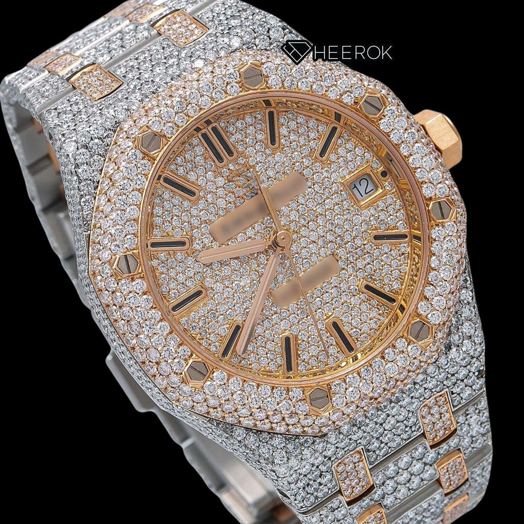 AP Royal Oak Full Pave Diamond Dial Black Stick Markers Rose Gold Diamond Bezel Two Tone Fully Iced Out Moissanite Watch For Women