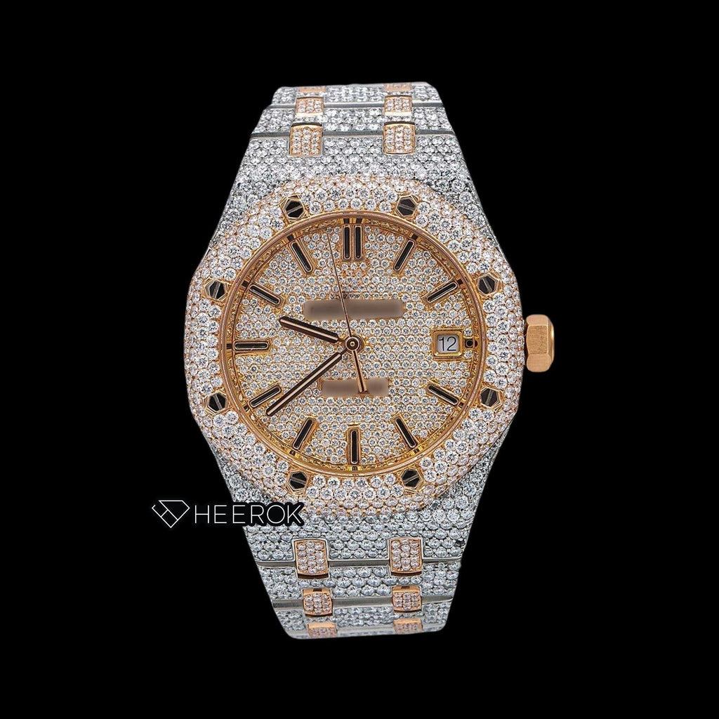 AP Royal Oak Full Pave Diamond Dial Black Stick Markers Rose Gold Diamond Bezel Two Tone Fully Iced Out Moissanite Watch For Women