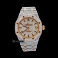 AP Royal Oak Full Pave Diamond Dial Black Stick Markers Rose Gold Diamond Bezel Two Tone Fully Iced Out Moissanite Watch For Women