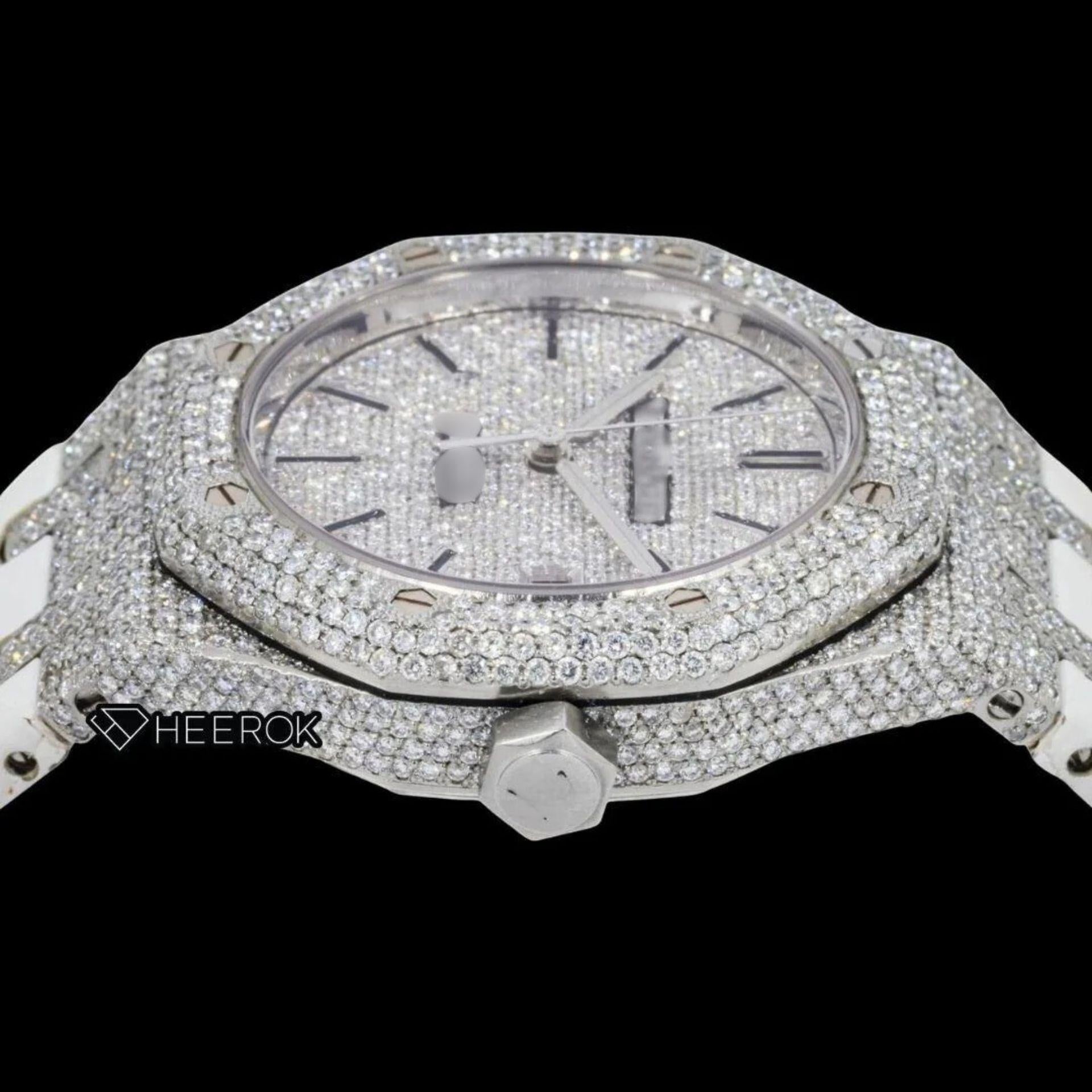 AP Royal Oak Full Pave Diamond Dial Black Stick Markers White Leather Strap Semi Iced Out Moissanite Watch
