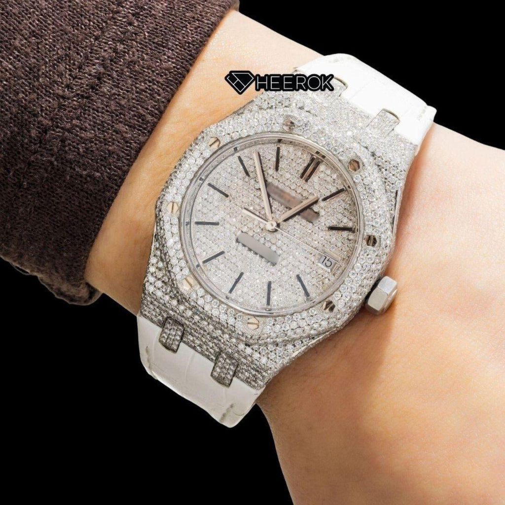 AP Royal Oak Full Pave Diamond Dial Black Stick Markers White Leather Strap Semi Iced Out Moissanite Watch