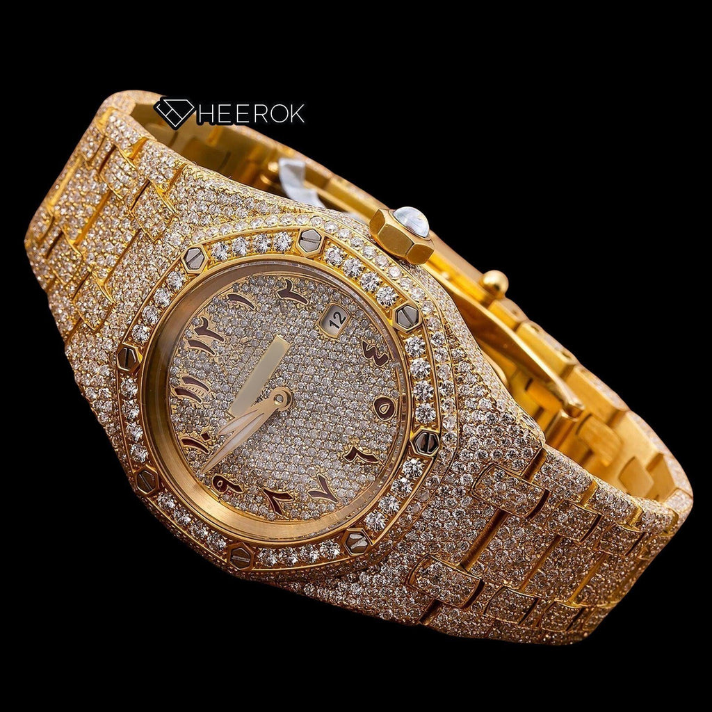 AP Royal Oak Full Pave Diamond Dial Brown Arabic Numerals Diamond Bezel Yellow Gold Fully Iced Out Moissanite Watch For Women