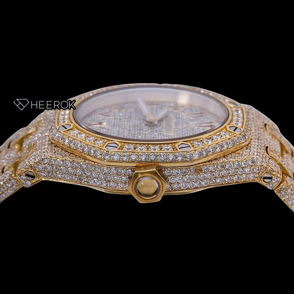 AP Royal Oak Full Pave Diamond Dial Brown Arabic Numerals Diamond Bezel Yellow Gold Fully Iced Out Moissanite Watch For Women