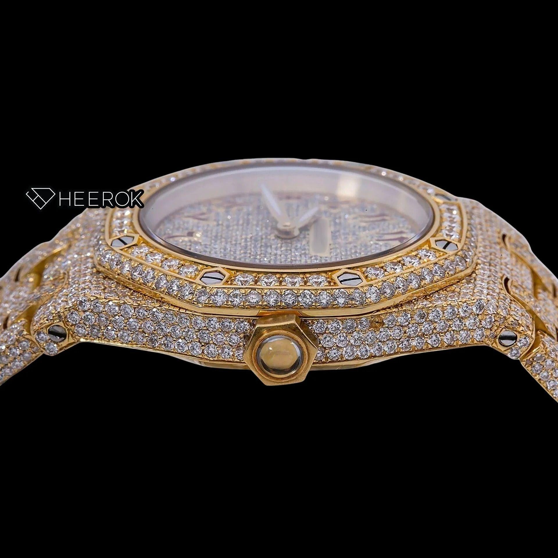 AP Royal Oak Full Pave Diamond Dial Brown Arabic Numerals Diamond Bezel Yellow Gold Fully Iced Out Moissanite Watch For Women