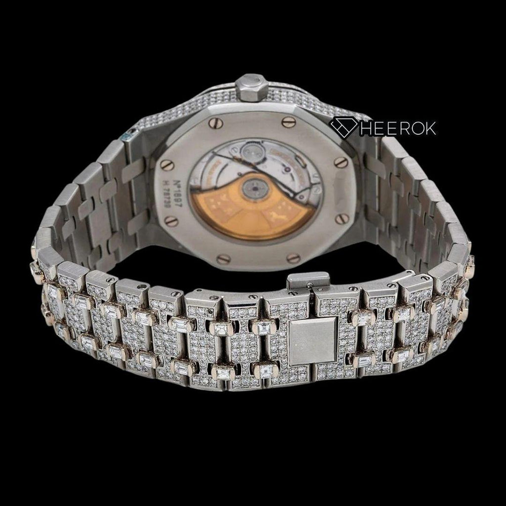 AP Royal Oak Full Pave Diamond Dial Red Arabic Numerals Baguette Diamond Bezel Fully Iced Out Moissanite Watch