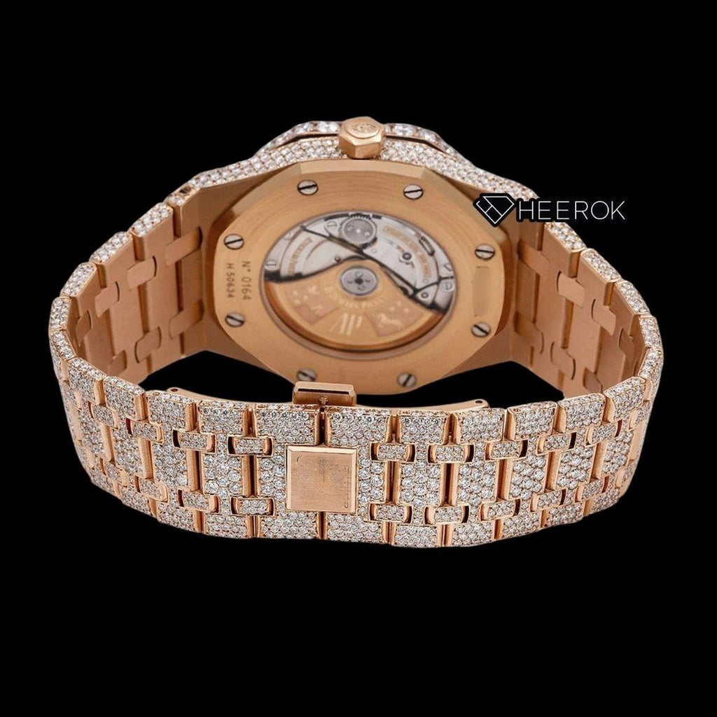 AP Royal Oak Full Pave Diamond Dial Stick Markers Large Round Diamond Rose Gold Bezel Fully Iced Out Rose Gold Moissanite Watch