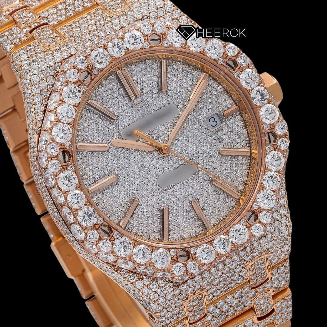AP Royal Oak Full Pave Diamond Dial Stick Markers Large Round Diamond Rose Gold Bezel Fully Iced Out Rose Gold Moissanite Watch