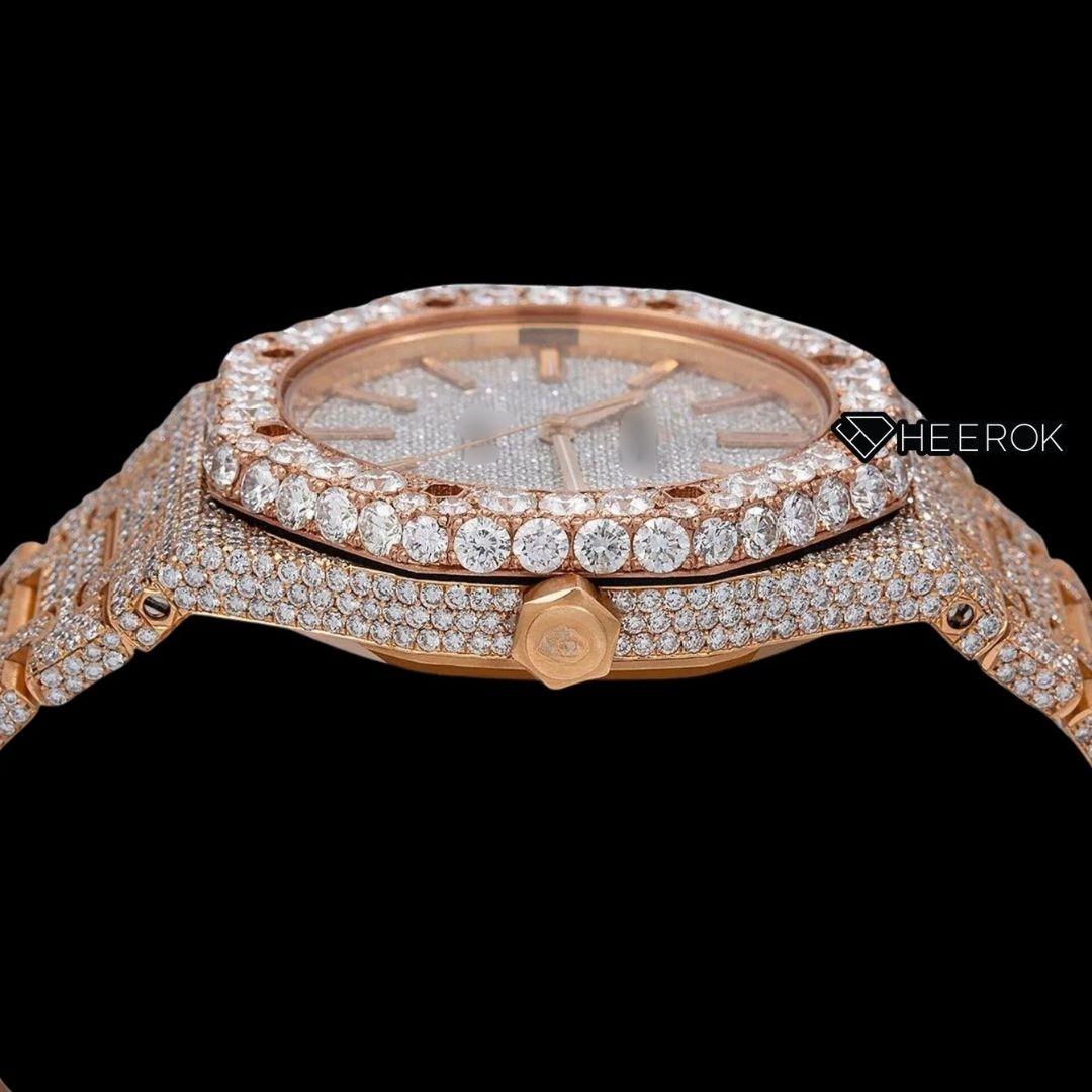 AP Royal Oak Full Pave Diamond Dial Stick Markers Large Round Diamond Rose Gold Bezel Fully Iced Out Rose Gold Moissanite Watch