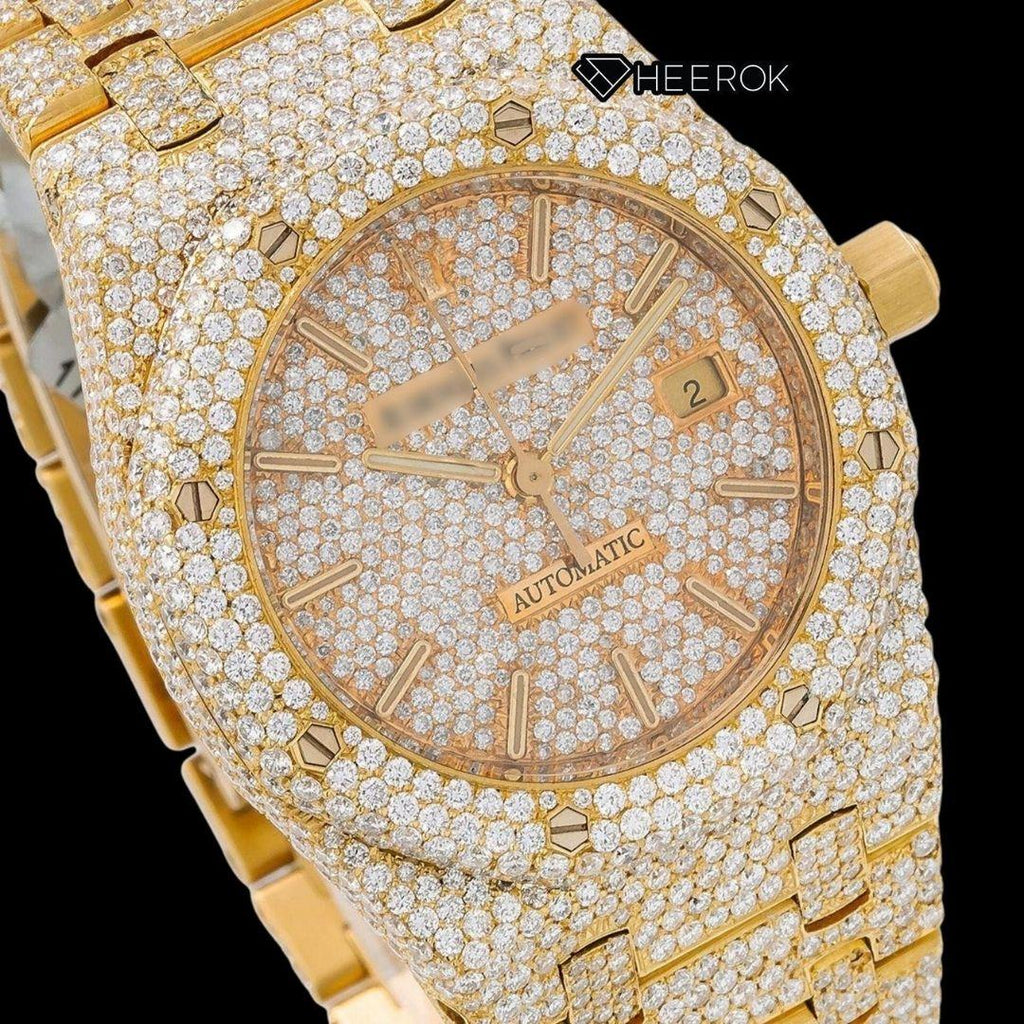 AP Royal Oak Full Pave Diamond Dial Stick Markers Yellow Gold Diamond Bezel Fully Iced Out Yellow Gold Moissanite Watch For Women