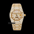 AP Royal Oak Full Pave Diamond Dial Stick Markers Yellow Gold Diamond Bezel Fully Iced Out Yellow Gold Moissanite Watch For Women