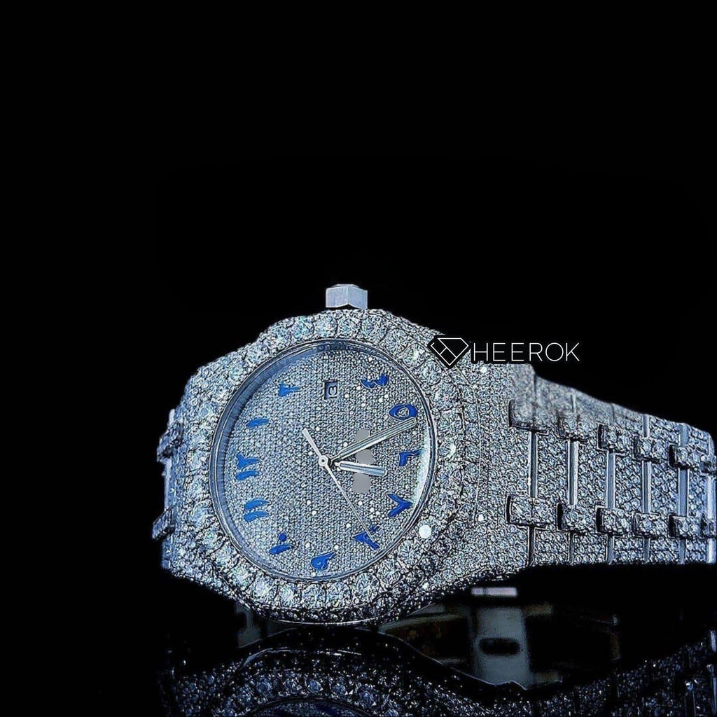 AP Royal Oak Fully Iced Out White Dial Blue Arabic Numerals Diamond Bezel Moissanite Diamond Bracelet