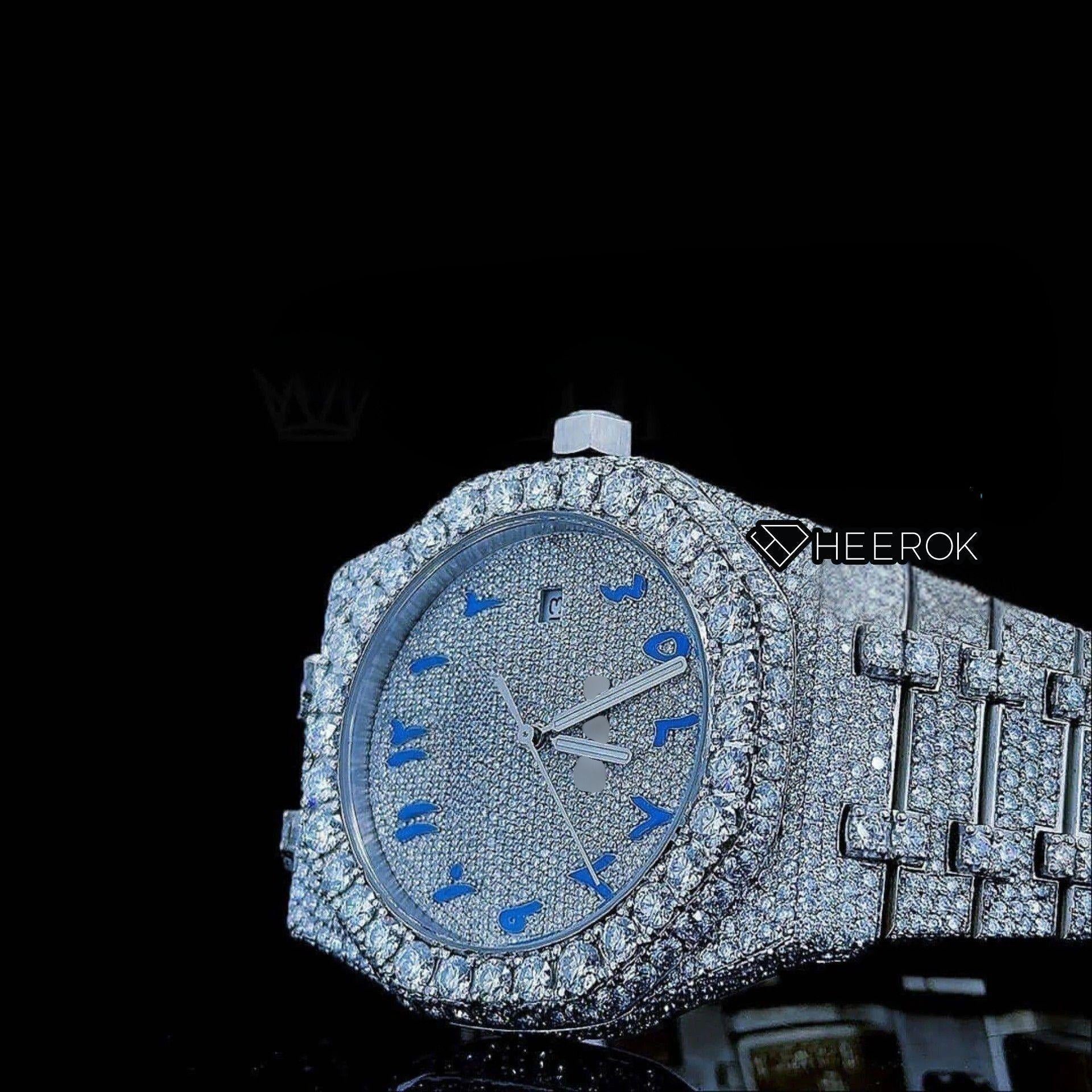 AP Royal Oak Fully Iced Out White Dial Blue Arabic Numerals Diamond Bezel Moissanite Diamond Bracelet