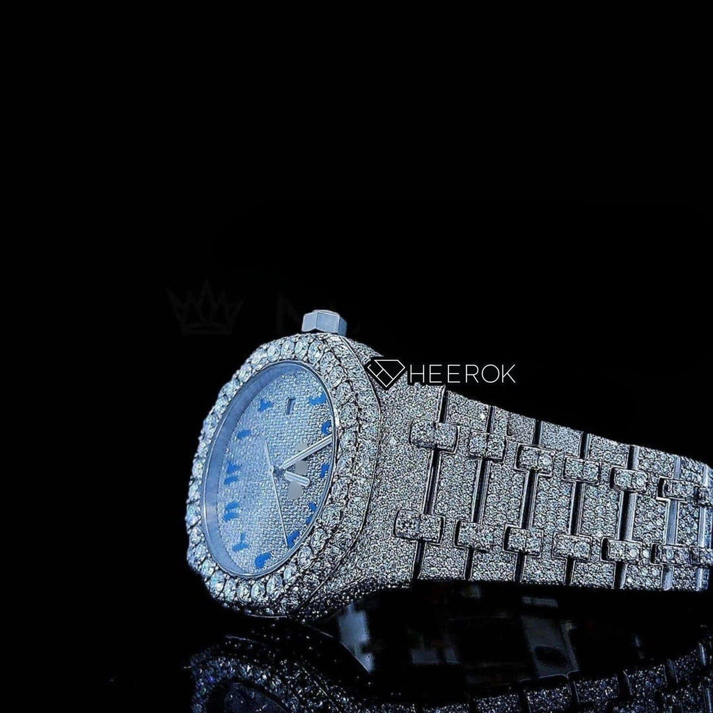 AP Royal Oak Fully Iced Out White Dial Blue Arabic Numerals Diamond Bezel Moissanite Diamond Bracelet