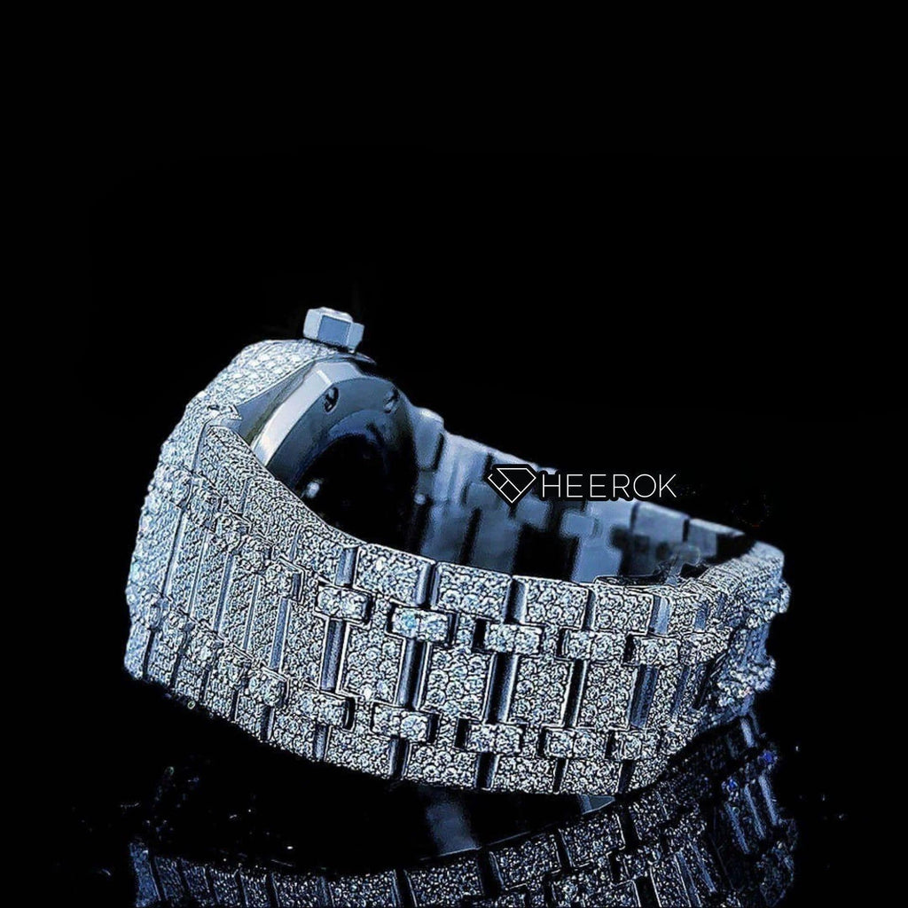 AP Royal Oak Fully Iced Out White Dial Blue Arabic Numerals Diamond Bezel Moissanite Diamond Bracelet