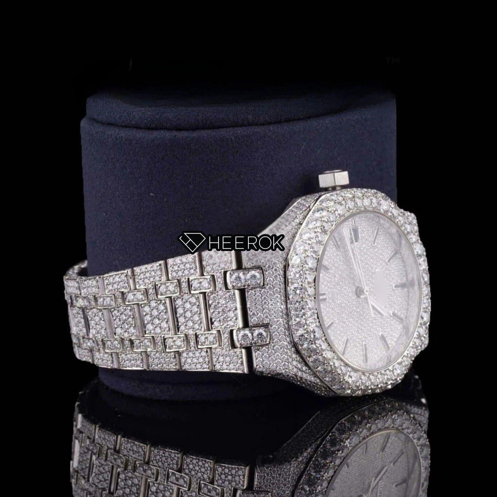 AP Royal Oak Fully Iced Out White Dial Stick Markers Diamond Bezel Moissanite Diamond Bracelet
