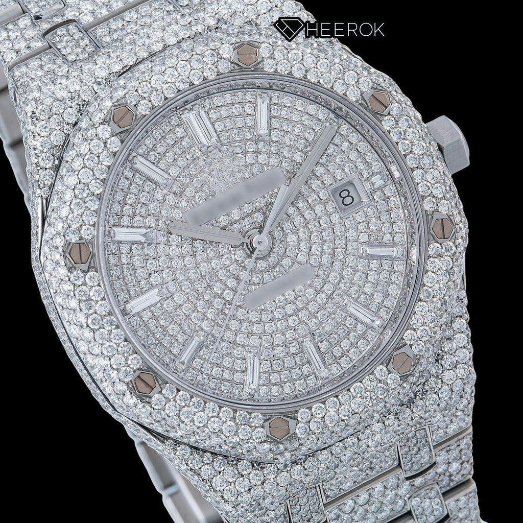 AP Royal Oak Fully Iced White Dial Baguette Diamond Markers Diamond Bezel Moissanite Diamond Watch