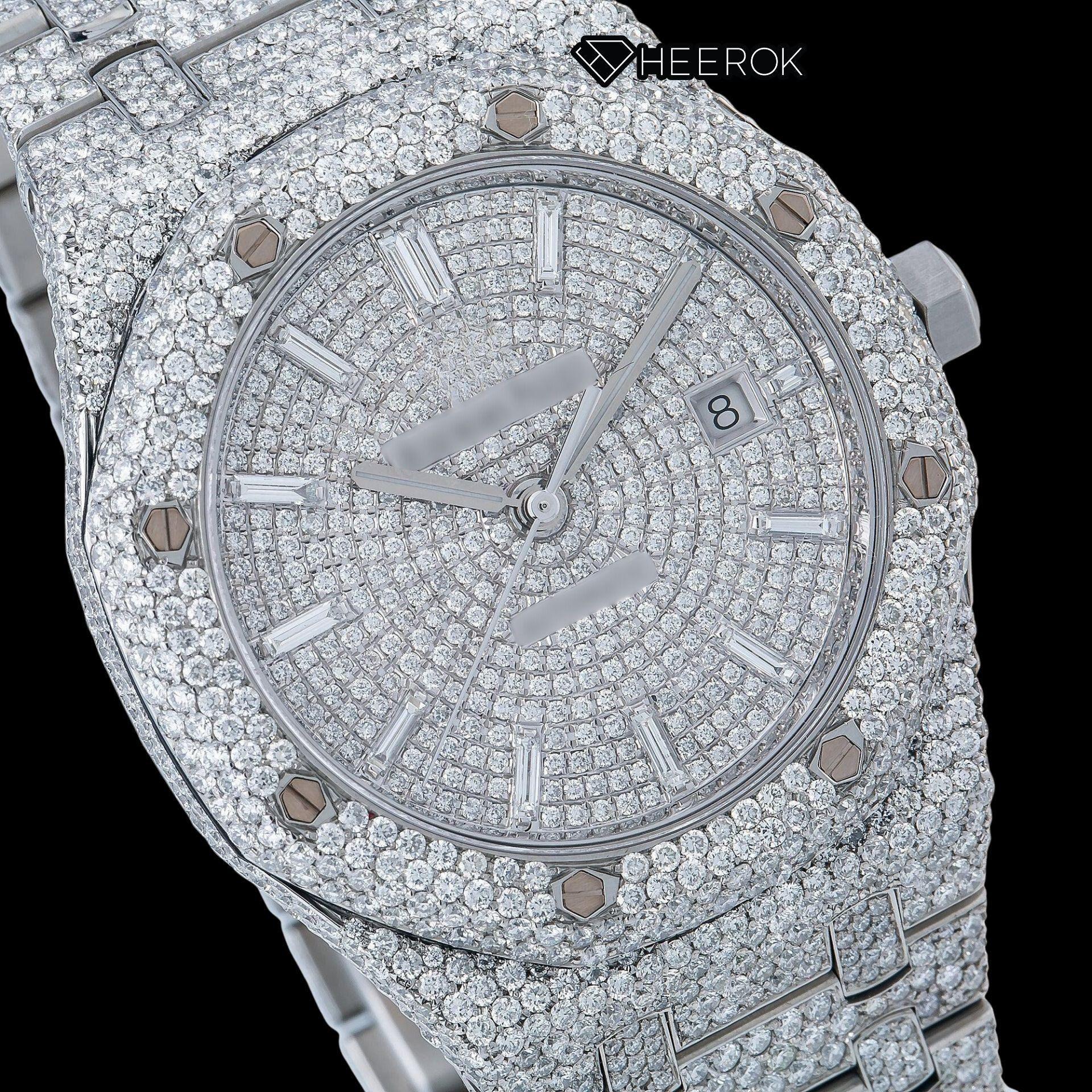AP Royal Oak Fully Iced White Dial Baguette Diamond Markers Diamond Bezel Moissanite Diamond Watch