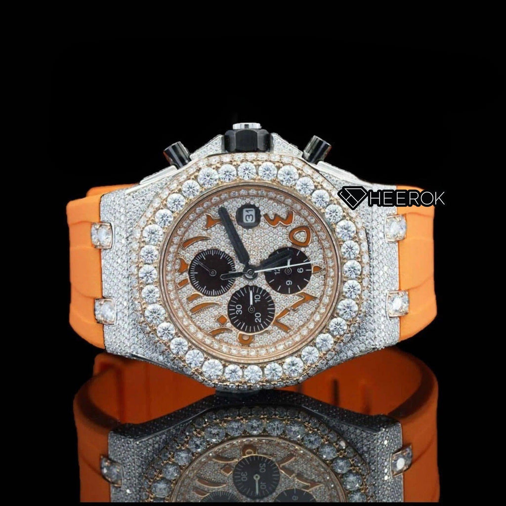 AP Royal Oak Offshore Arabic Numerals Chronograph White Dial Diamond Bezel Moissanite Diamond Orange Rubber Strap
