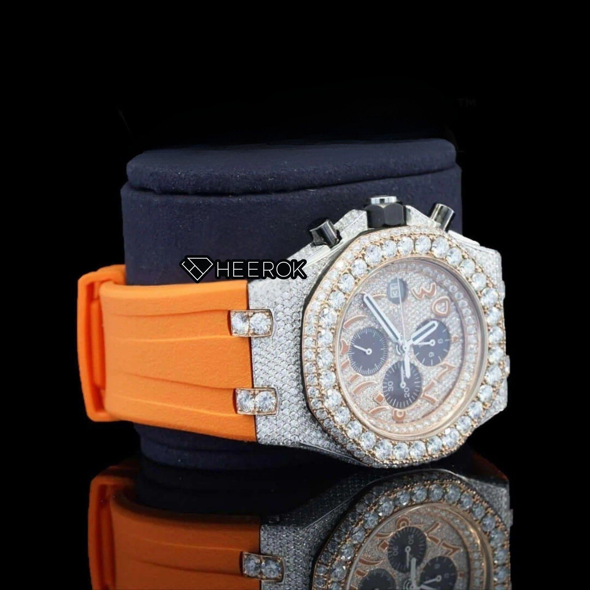 AP Royal Oak Offshore Arabic Numerals Chronograph White Dial Diamond Bezel Moissanite Diamond Orange Rubber Strap