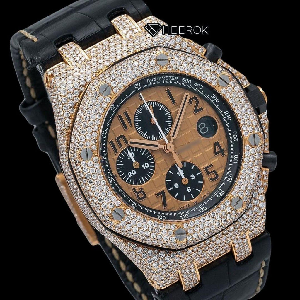 AP Royal Oak Offshore Black Chronograph Standard Numerals Brown Dial Rose Gold Diamond Bezel Black Leather Strap Semi Iced Out Moissanite Watch