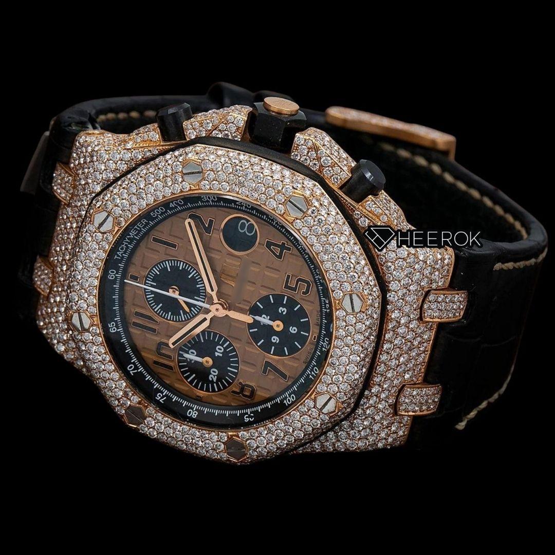AP Royal Oak Offshore Black Chronograph Standard Numerals Brown Dial Rose Gold Diamond Bezel Black Leather Strap Semi Iced Out Moissanite Watch
