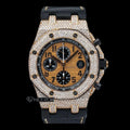 AP Royal Oak Offshore Black Chronograph Standard Numerals Brown Dial Rose Gold Diamond Bezel Black Leather Strap Semi Iced Out Moissanite Watch