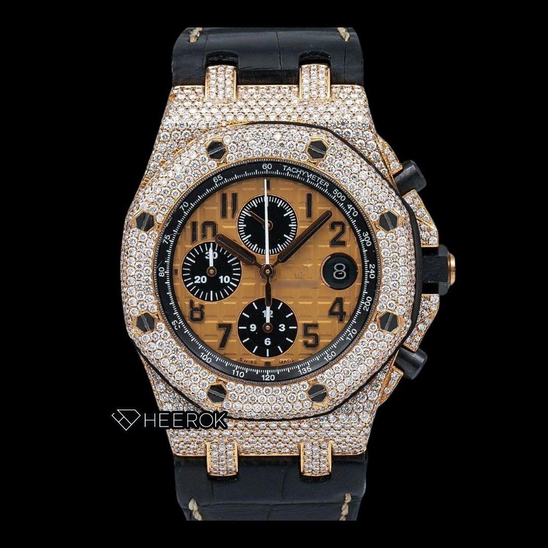 AP Royal Oak Offshore Black Chronograph Standard Numerals Brown Dial Rose Gold Diamond Bezel Black Leather Strap Semi Iced Out Moissanite Watch