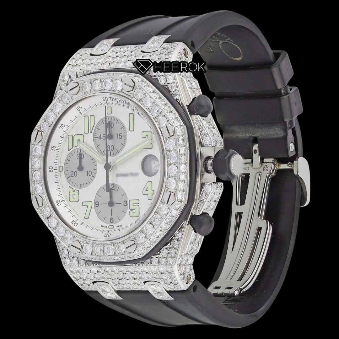 AP Royal Oak Offshore Charonograph Standard Numerals White Dial Diamond Bezel Black Rubber Strap Semi Iced Out Moissanite Watch